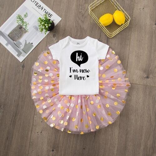 Newborn Casual Clothing Set Hi I'm New Here 2Pcs Baby Toddler Girls Tutu Skirt + Short Sleeve Romper Clothes Outfits