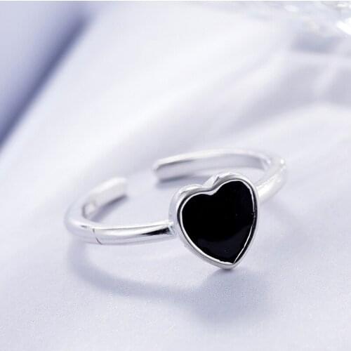 925 Sterling Silver Simple Black Heart Rings for Women Girls Jewelry Open Adjustable Finger Ring Engagement Wedding Rings JZ584