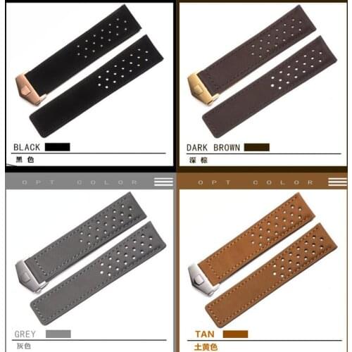 2021 Brown Grey Black Genuine Leather Watchband 22 24mm Breathable Deployment Buckle Strap For TAG F1/Carrera/Monaco Watch Man