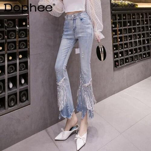 Chic Tassel Diamond Cropped Jeans High Waist Slimming Irregular Flare Denim Pants Female 2021 Autumn New Fashion Women Trousers
