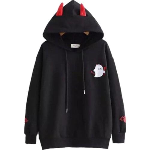 Merry Pretty women Cotton Hoodies Sweatshirts with ears Harajuku Black Devil Embroidery Hooded Sweatshirt Pullovers Girls Hoody