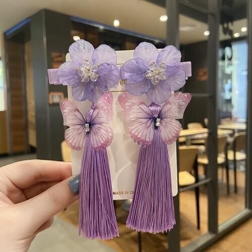 2PCS Sweet Girl Qipao Hanfu Hair Clips Headdress Accessories Chinese Style Children Butterfly Flowers Duck Mouth Hairpin