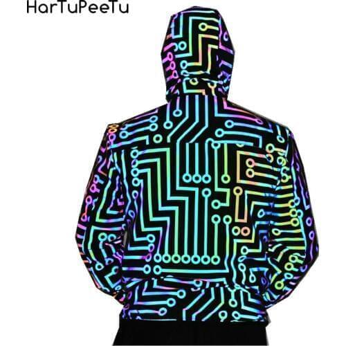 Women Reflective Jacket Hip Hop Windbreaker Night Sport Coat Hooded Fluorescent Clothing Circuit Geometric Pattern Rainbow Men