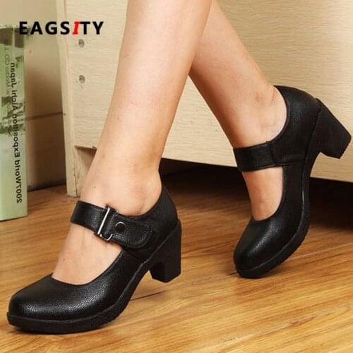 EAGSITY Mary Jane shoes high heel women ankle strap round toe square heel pumps dancing party lady wedges platform leather shoe