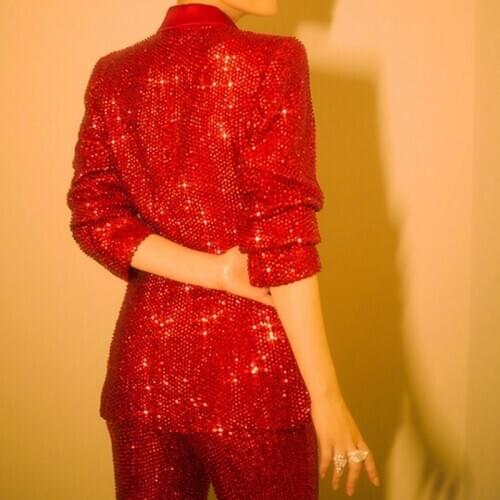 Top Brand Wedding Party Women Red Sequins Blazer Coat Wide Leg Pants Suit Runway Stage Show Formal Outfits Ladies Two Piece Sets