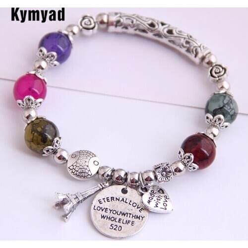 Kymyad Vintage Crystal Stone Bracelets For Women Jewelry Bohemian Style Bracelet Heart Circulare Pendant Charming Bracelet Boho