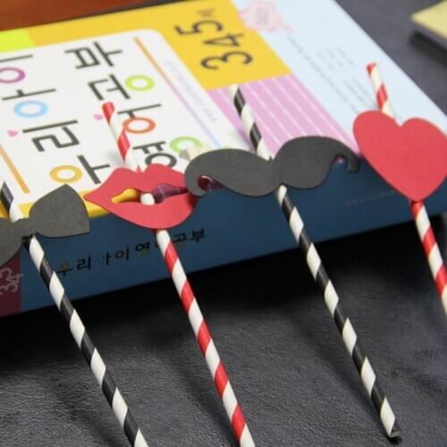New 10Pcs Black&Red Striped Beard Lips Sticker Paper Straws For Wedding Party Festive Supplies Decoration Paper Drinking Straws