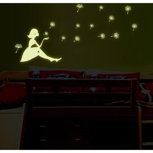 20*25CM Night Glow in the Dark Luminous Fluorescent wall stickers Blow the dandelion girl children bedroom background Y0031