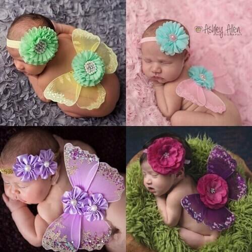 2020 Christmas Newborn Photography Prop Pearl Baby Girl Butterfly Costume Headband + Angel Wings Set Accessories Flower Hairband