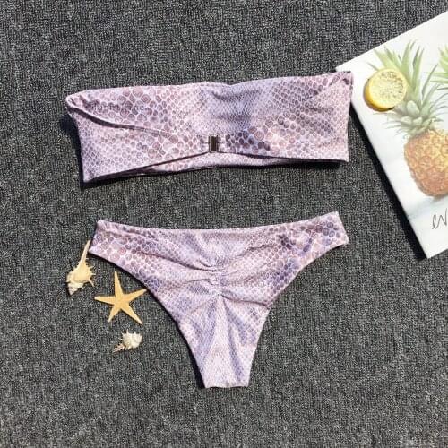 Snake Print Bikini Sexy Off Shoulder Strapless Swimming Suit Push Up Padded Bikini Set Beach Bathing Suit Thong Swimwear Biquini