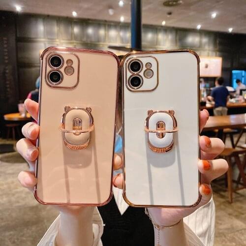 Plating Edge Solid Phone Case for iPhone 12 11 Pro XS Max XR X 7 8 Plus Cute Bear Hide Finger Ring Stand Holder Shockproof Cover