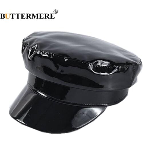 Black Patent Leather Military Cap Ladies Sailor Hat Woman Captain Cap Autumn Winter High 2021 New Vintage Hats
