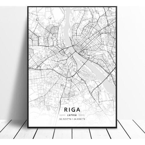 Black and White Riga Latvia Latitude Longitude Canvas Art Map Poster
