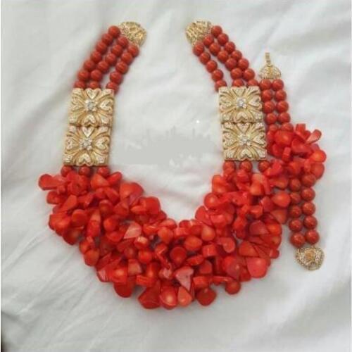 Amazing Red Coral Beads African Wedding Jewelry Set Full Beads Original Coral Statement Women Necklace Set CNR864