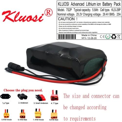 KLUOSI 7S2P 24V 5.8Ah 25.2V 6Ah 29.4V Lithium Battery Pack FOR Electric Motor Bicycle Scooter Motor Built-in 25A BMS Balanced