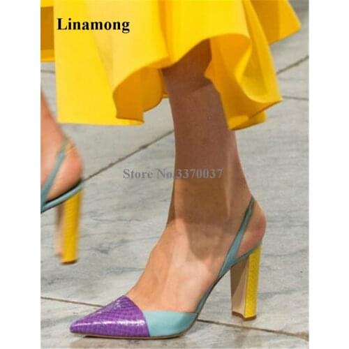 Top Fashion Women Pointed Toe Pattern Leather Patchwork Colors Chunky Heel Pumps Cut-out Mix-colors Slip-on High Heels Dress