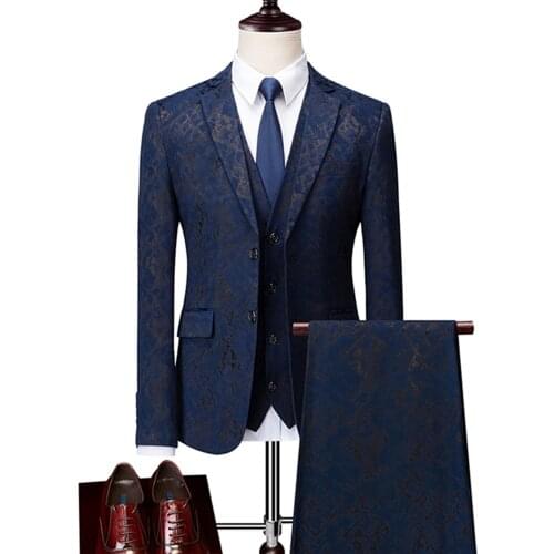 Male Prom Wedding Tuxedo Fashion Print Groom Dress Blazers Coat Trousers Waistcoat Men 3Pcs Set Slim Fit Suit Jacket Pants Vest