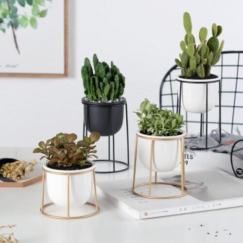 Set of 3pcs Modern Flowerpots Succulent Plant Pot with Black Golden Iron Shelf Home Decor Planter Garden Pot