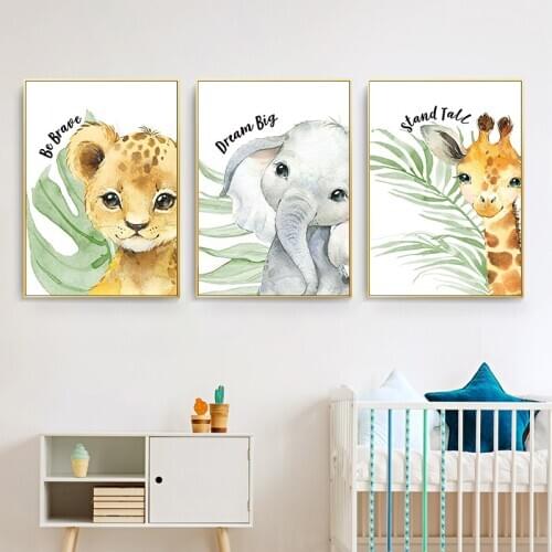 Elephant Zebra Giraffe Lion Plant Wall Art Canvas Painting Animals Nordic Posters And Prints Wall Pictures Baby Kids Room Decor
