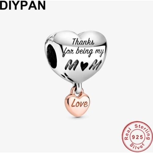 Fit Pandora Original Bracelet Charm 925 Silver Love You Mom Heart Charm Beads Pendant Bangle Women DIY Jewelry Berloque
