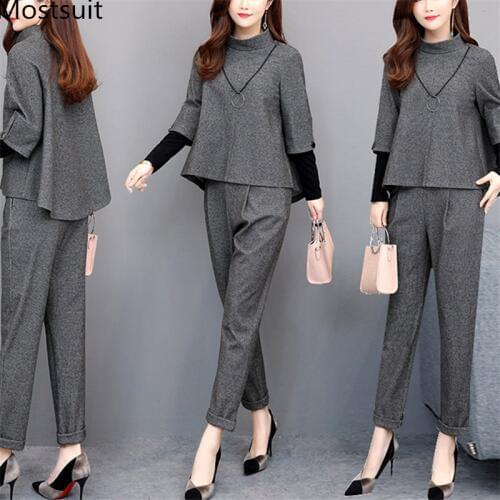 2019 Autumn Grey Elegant Two Piece Sets Outfits Women Plus Size Fake Two Pieces Tops And Pants Suits Office Korean Ladies Sets