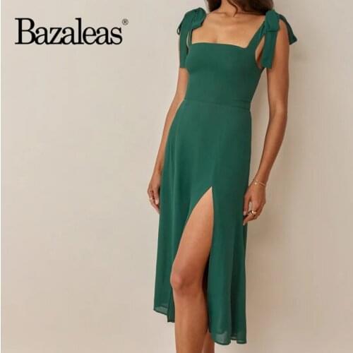 Bazaleas Women Midi Dress green Split Opens Dress France Chiffon Sleeveless