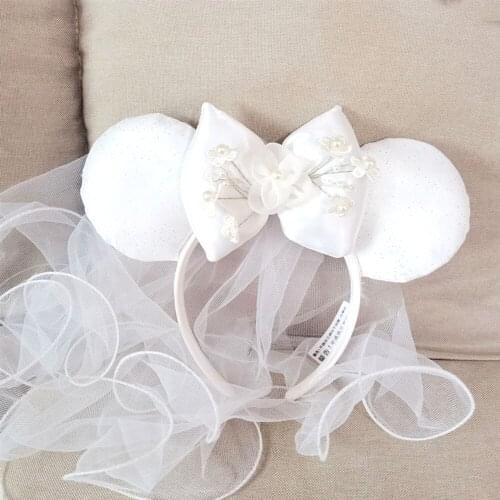 Disney Mickey Mouse Ears Headband White Veil Hair Hoop Wedding Style Headdress Party Headwear Girl Birthday Gift