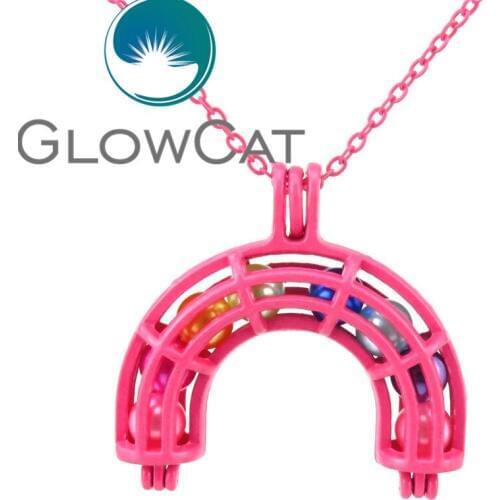 RR406 Party Jewelry Hot Pink Rainbow Oyster Pearl Beads Cage Essential Oil Diffuser Aromatherapy Locket Necklace with Beads