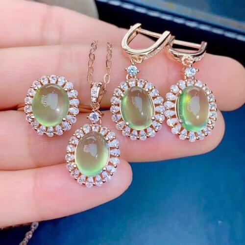 The Best Wedding Gift Prehnite jewelry set 1pc Prehnite ring 1pc Prehnite pendant 1pair stud earring 925 sterling silver