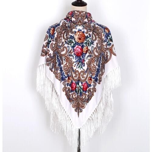 130*130cm Russian National Big Square Scarf For Women Cotton Ethnic Style Print Head Scarves Ladies Retro Fringed Blanket Shawl