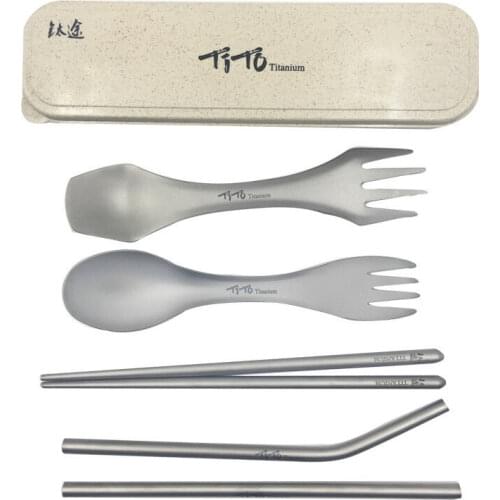 Titanium Tableware Set Fork Spoon Drinking Straw Chopsticks Camping Picnic w/Box