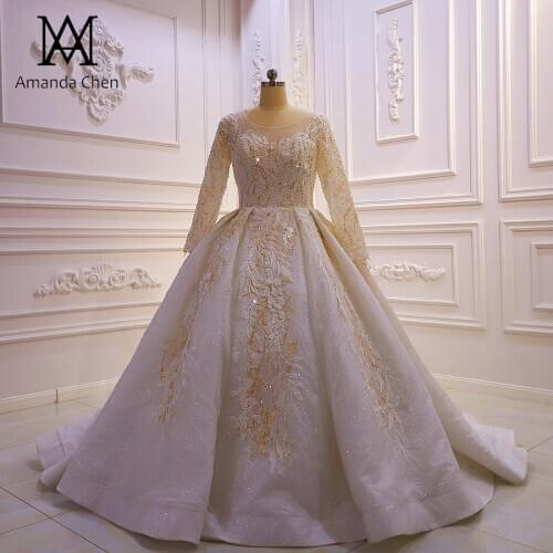 Vestido de festa de casamento Full Sleeve Lace Appliqued Shiny Wedding Dress