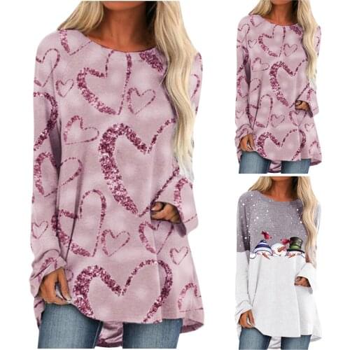 Women Long Sleeve O-Neck Loose Pullover T-shirt Casual Retro Personalized Lovely Heart Splicing Printing Spring Autumn Shirt