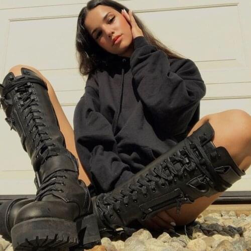 Big Size 34-45 Female Pocket Combat Boots Cool Punk Gothic Mid Calf Boots Women Chunky Thick Bottom Platform Shoes Woman