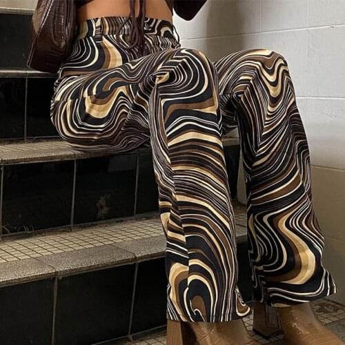 Women Wide Legs Pants Brown Tie Dye Printed Vintage 2021 Y2K Fashion Outfits Club Bottoms High Waist Trousers Streetwear