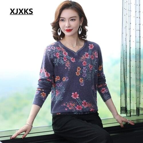 XJXKS Fashion V-neck high-end Mink Cashmere women sweater pullover 2020 spring winter new loose plus size women printed sweater