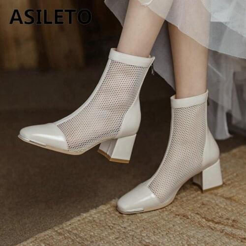 ASILETO 2021 New Designer Brand Net Mesh Summer Autumn Ankle Boots Lady Pointed Toe Patchwork Square Heel Black White S2425