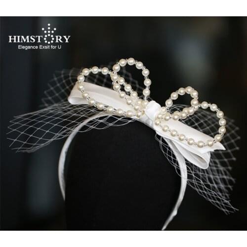 HIMSTORY Handmade Bowknot Bridal Headband Tiara Crown White Gauze Wedding Hair Accessories Women Hairband