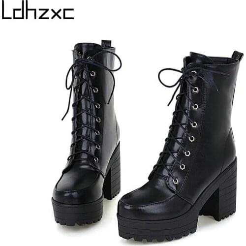 LDHZXC Pu Leather Ankle Boots Heels Platform Shoes Buckle Zipper Sexy Party Nightclub Shoes Woman High Heels Large Size 43