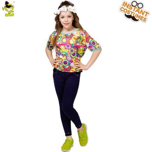 Girls T-shirt Hippie Costume Carnival Cosplay Hippy Fancy Dress Up Halloween Role Play Retro Outfits for Kids Children