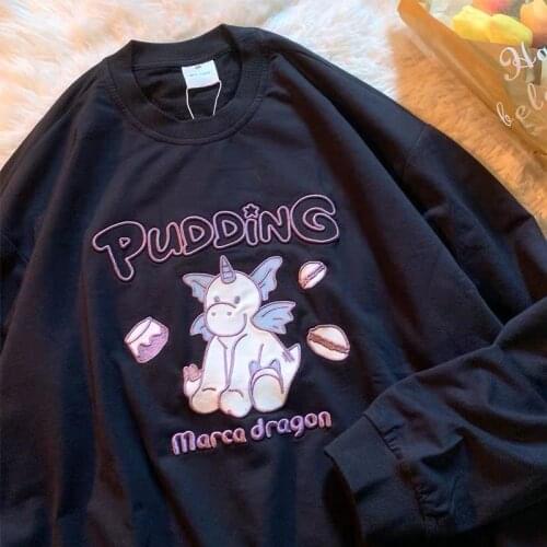 Harajuku cute animal embroidered Hoodie womens decorative fashion Korean sportswear Pullover long sleeve top womens clothing