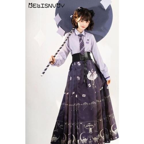 Autumn Spring New Fairy Hanfu Womens Bow Tie Lapel Shirt+Horse skirt Set Printed Loose Chinese Style Daily Two-piece Suit
