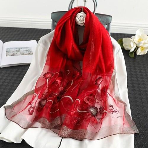 Hot 2020 Floral Embroidery Real Silk Wool Scarf For Women Winter Scarves Shawls Hijab Wraps Pashmina Bandana Foulard Wholesale
