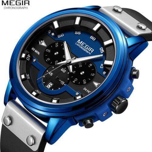 MEGIR 2019 New Mens Watches Top Brand Luxury Waterproof 24 hour Date Quartz Watch Man Fashion Leather Sport Wristwatch 2080 Blue