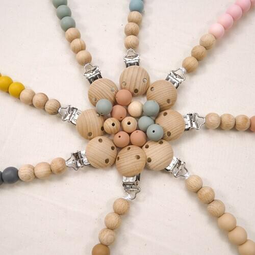 Customized Infant Metal Wooden Dummy Clip Chain Food Grade KIds Silicone Teether Pacifier Clip For Baby