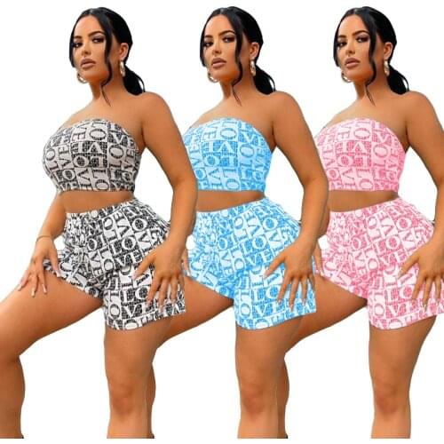 Fashion Letter Print Streetwear Short Two Piece Set Women Summer Casual Tube Crop Top + Biker Shorts Slim 2 Piece Outfits Jogger