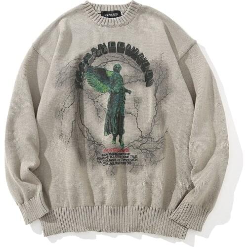Men Hip Hop Knitted Jumper Sweaters Angel Lightning Print Streetwear Autumn New Hipster Casual Pullovers Clothing