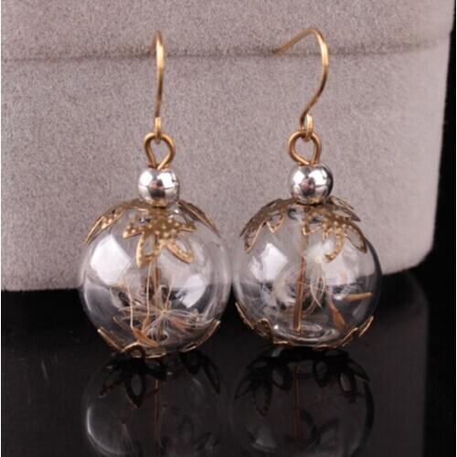 Natural Dandelion Drop Earrings Decorative Pierced Earrings Wire Drop Earrings Clear Glass Ball Pendant Earrings Jewellery