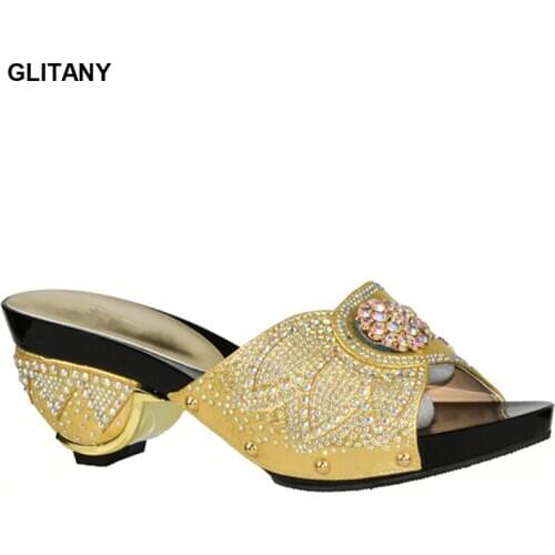 Latest Wedding Shoes for Woman Gold Color Open Toe Sexy Ladies Women Pumps Shoes Party Wedding Shoe Decorated with Rhinestone