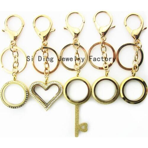 Newest stainless steel floating locket keychain 5 styles gold mixed screw glass locket pendant 30mm(10pcs=2pcs each style)